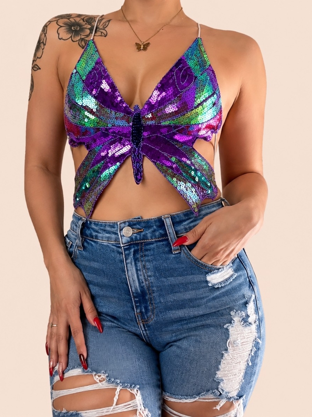 Sequin Butterfly Crop Top